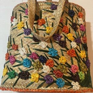 Vintage  Floral Raffia Straw Bahamas Bucket Tote Bag Lined Tropical Vibrant Hand
